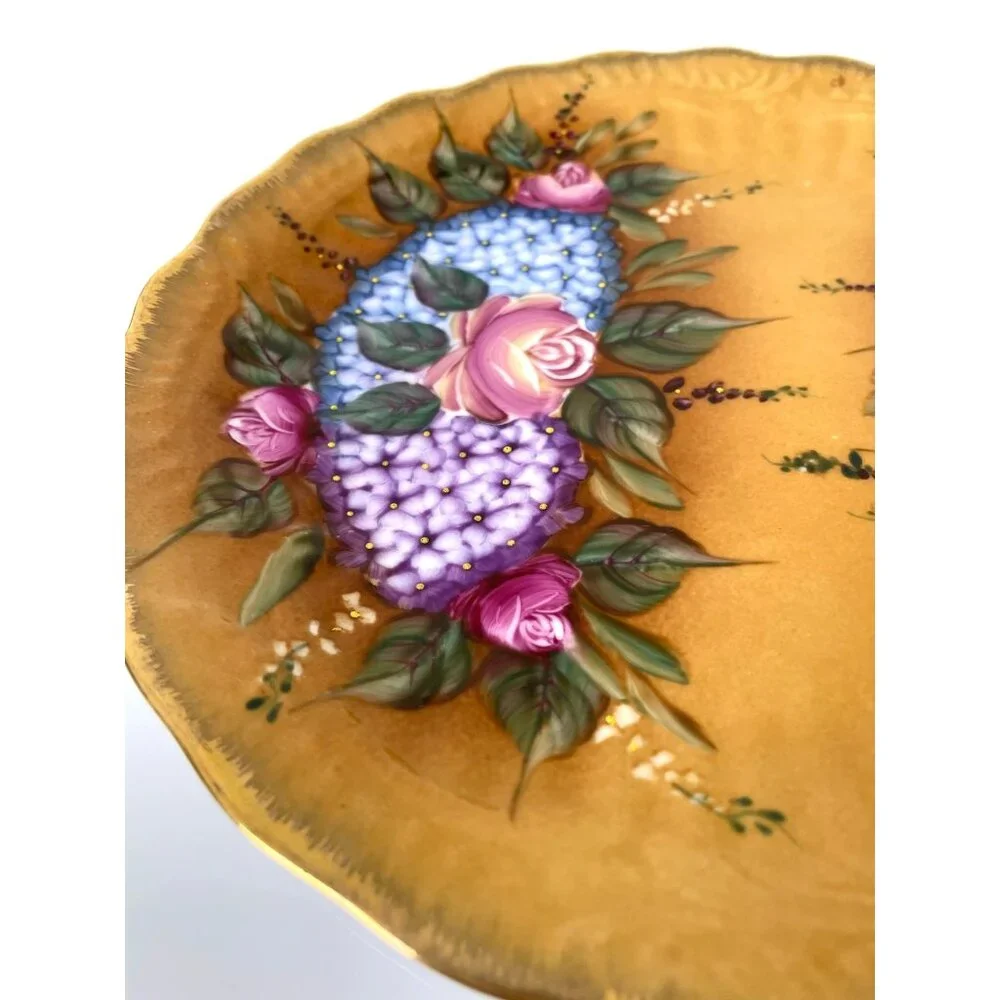 Decorative Orange Floral Plate, Made in China, Pink Purple Blue Gold Edge Detail